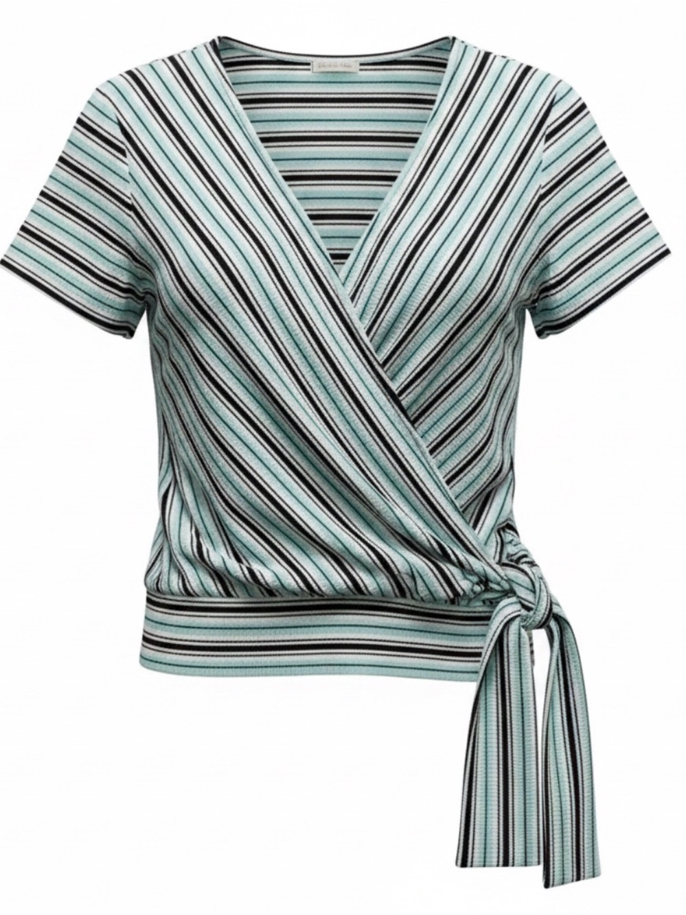 Cotton Bleu Striped Wrap Tie Front Top - Mint Green, White, Black Size Large